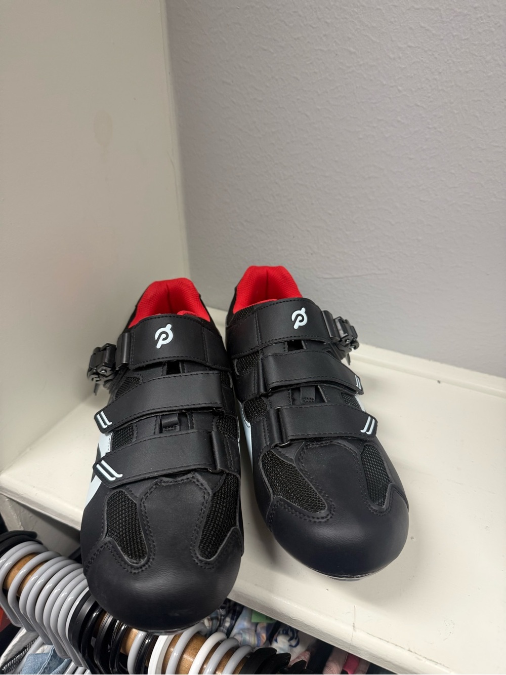 Size 46 Peloton Black Cycling Shoes with Red Interior